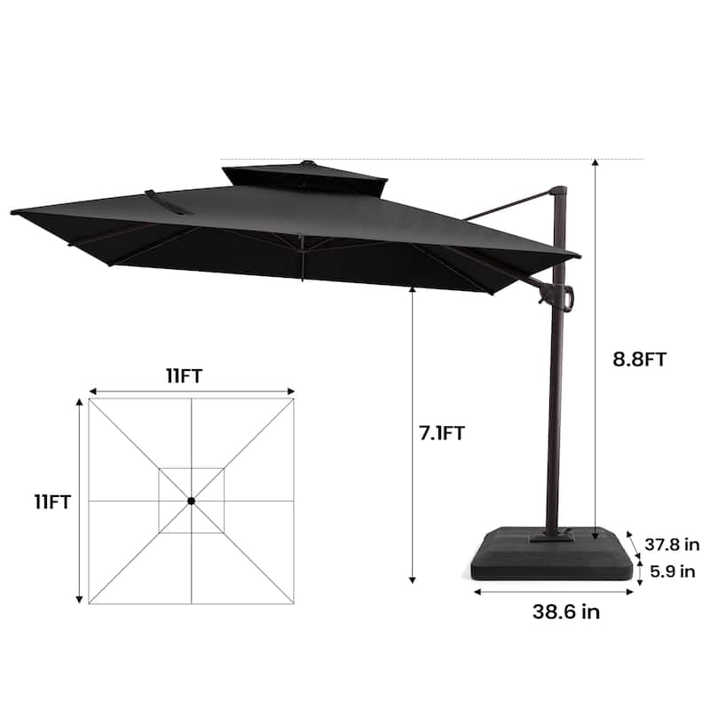 Pellebant 11 ft Patio Cantilever Offset Umbrella Double Top with Base