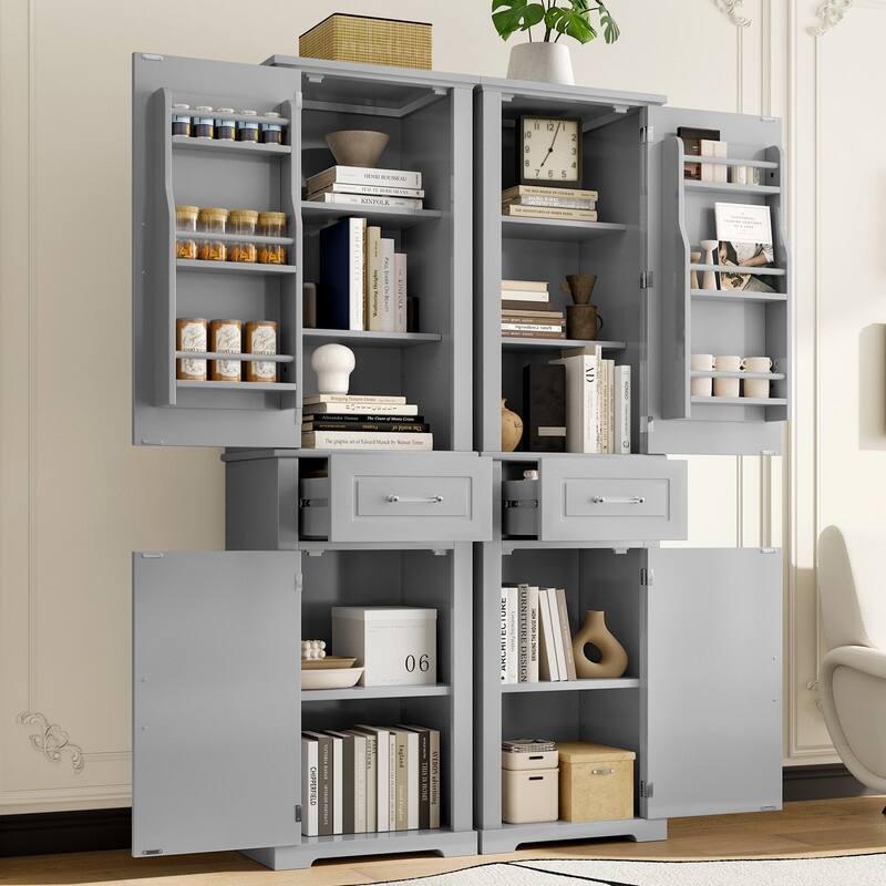 Bathroom Storage Cabinet Set of 2, Freestanding Storage Pantry with Adjustable Shelf & Racks - Grey