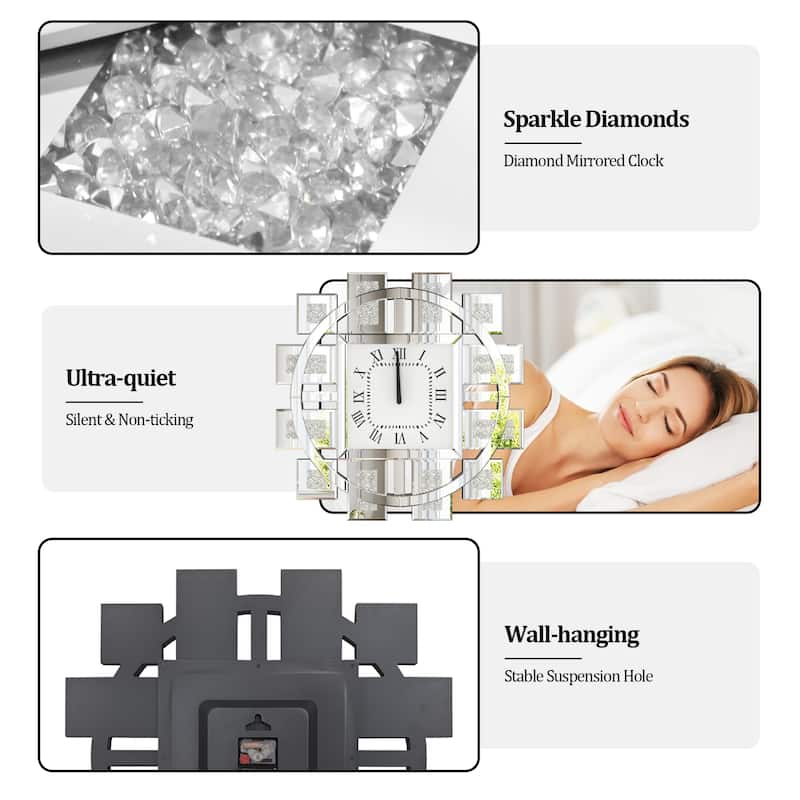 Gold/Silver Irregular Luxury Mirrored Wall Clock w/Crushed Diamond Inlay - 23.62x23.62 inch