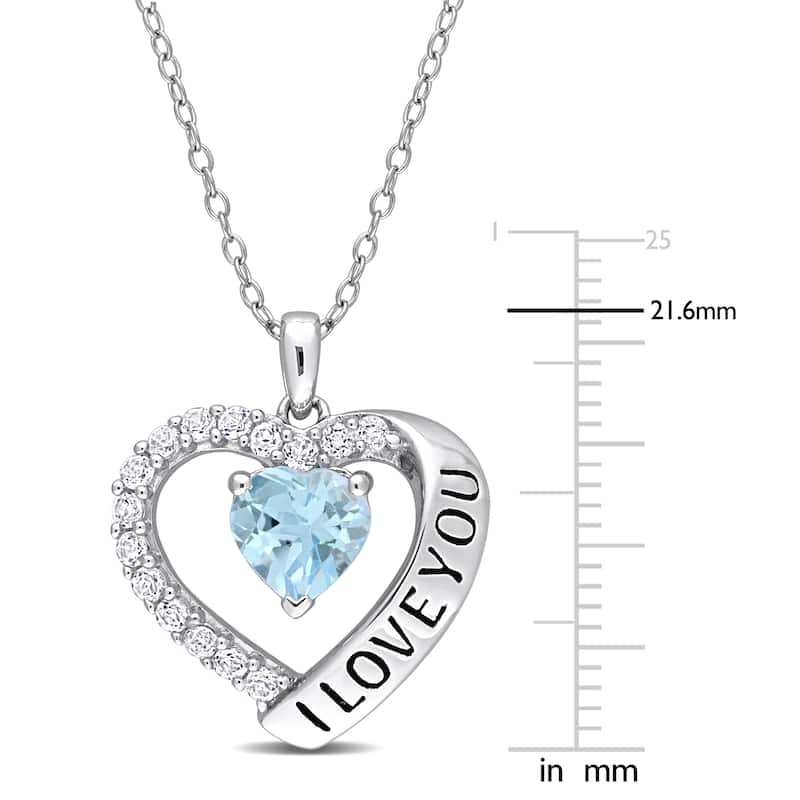 Miadora Sky-Blue and White Topaz "I Love You" Heart Halo Necklace in Sterling Silver