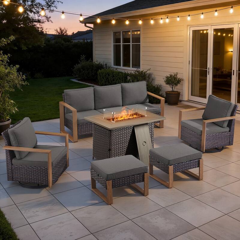 Meyreso Wicker Outdoor Patio Fire Pit Set with Swivel Gliders & 4.5" Olefin Cushions - Brown / Gray Cushions - 6-Piece