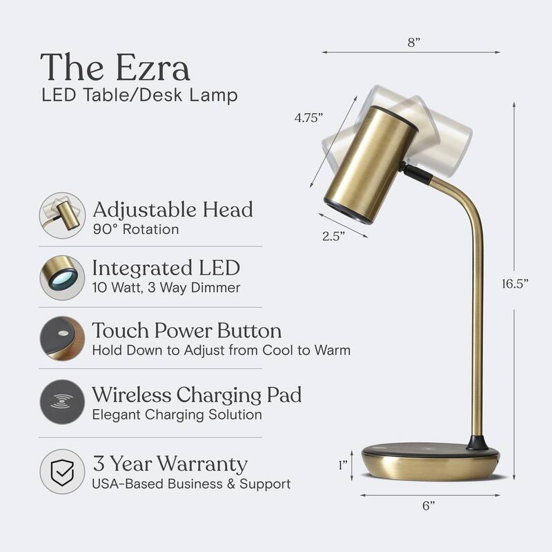 Brightech Ezra 16.5 in. Antique Brass Dimmable LED Industrial Desk Lamp with Wireless Charging Pad and Adjustable Lamp Head