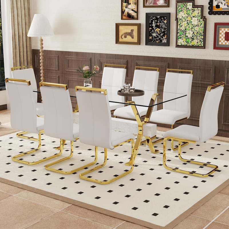 9-Piece Glass Dining Table Set for 8, 71" Rectangular Table with Gold Metal Base, 8 PU Dining Chairs for Kitchen, Dining Room