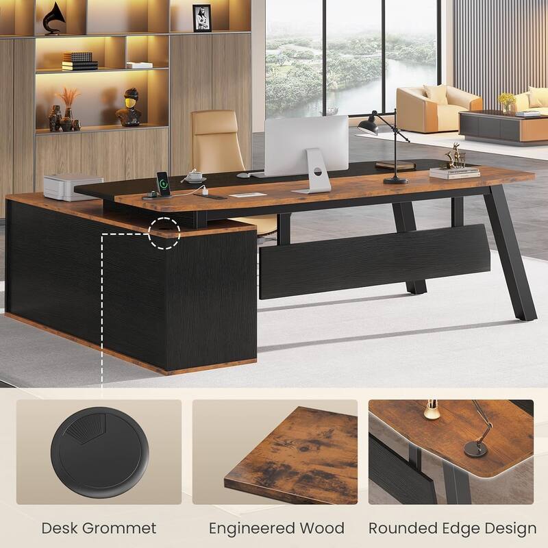 71" Executive Desk File Cabinet L Shaped Computer Desk Shelves