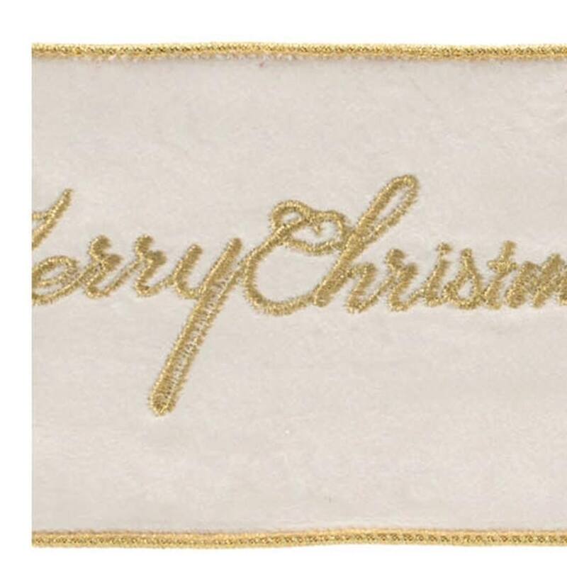 HomeRoots 4" White And Gold Embroidered Merry Christmas Wired Ribbon