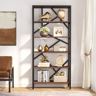 71" Industrial Bookshelf, 6 Tier Rustic Brown Wood Etagere Bookcase, Open Book Shelves