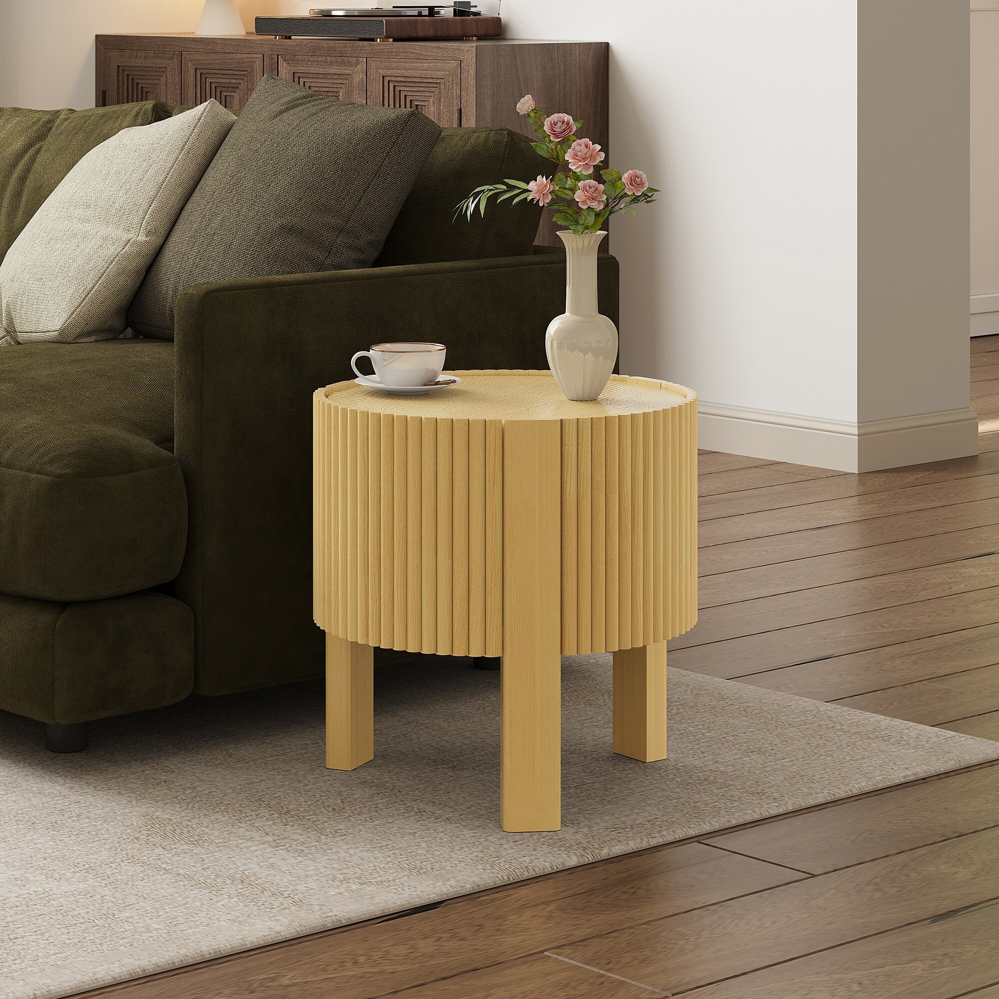 Round Fluted Side Table with Storage for Living Room - Bed Bath