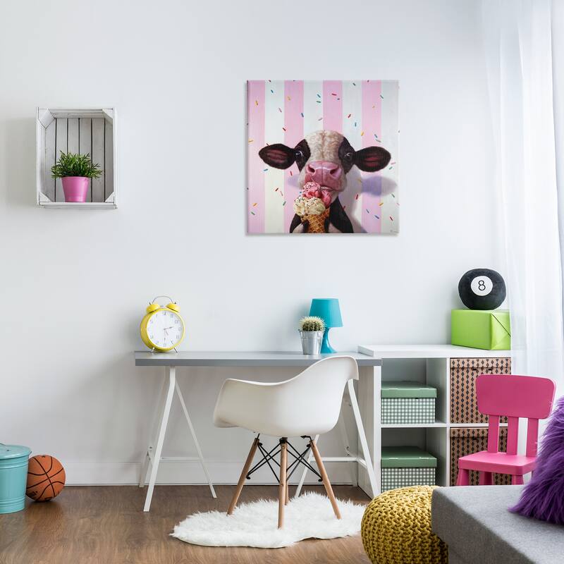 Stupell Cute Baby Cow with Ice Cream Cone Pink Stripes Canvas Wall Art