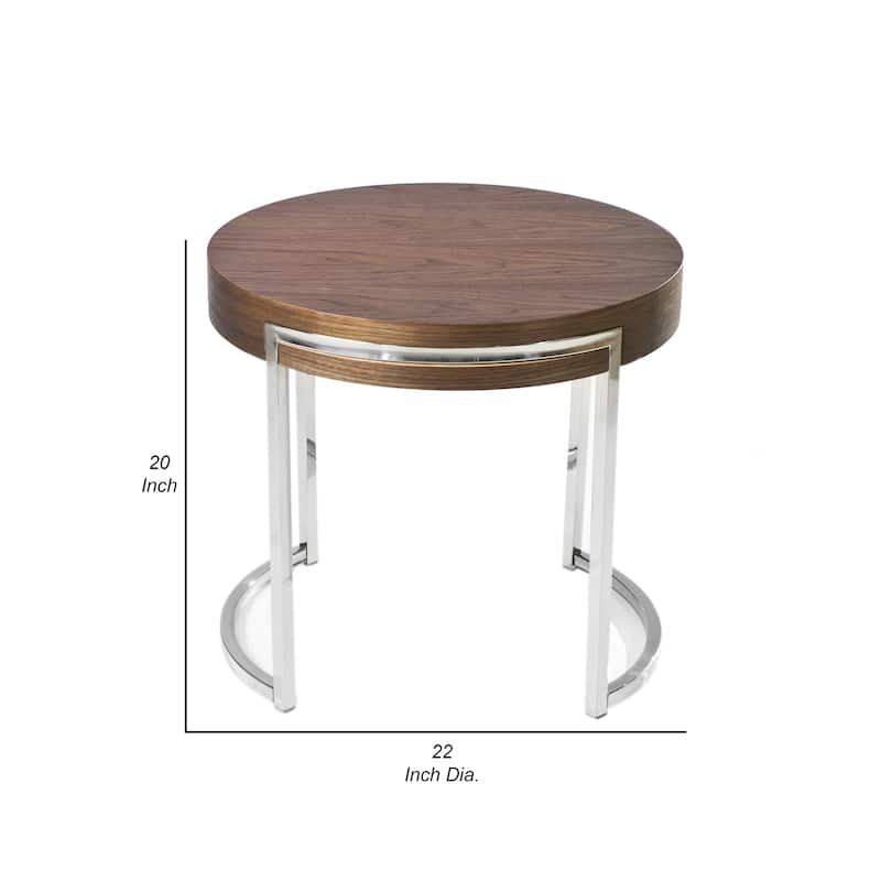 Dami 22 Inch Side End Table, Walnut Brown Round Top, Open Metal Frame
