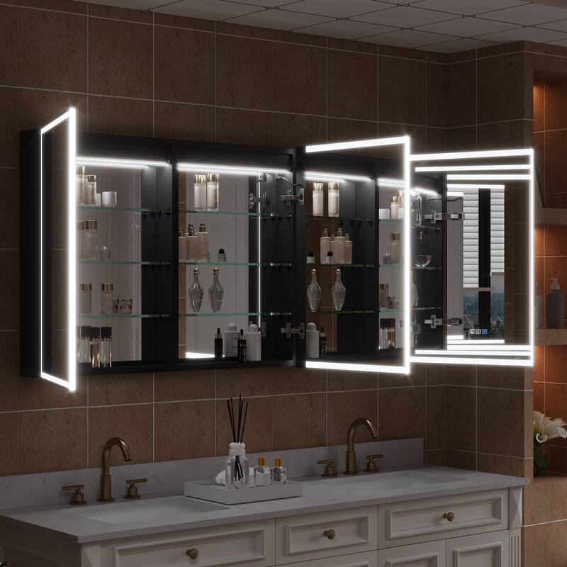 30'' H Recessed Or Surface Wall Mounted LED Mirror Cabinet With Mirror And Adjustable Shelves,Black Frame