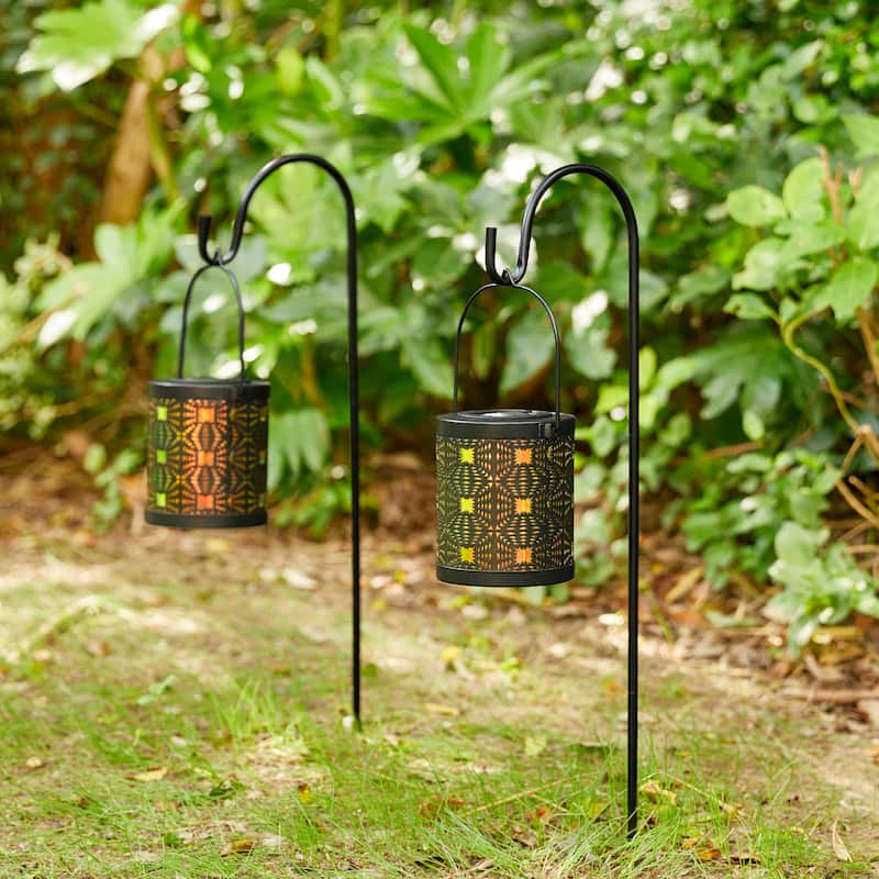 Glitzhome Set of 2 Metal Cutout Laser Outdoor Solar Lantern with Hanging LED Light Garden Stakes