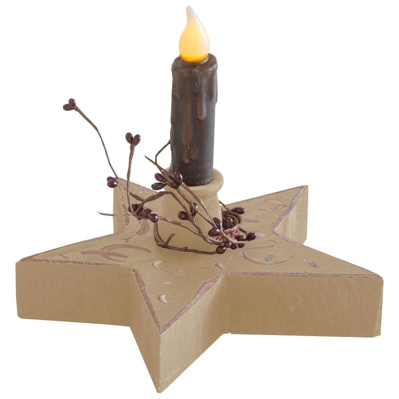 Farmhouse Star Candle Holder with Flameless Candle - Country Tan