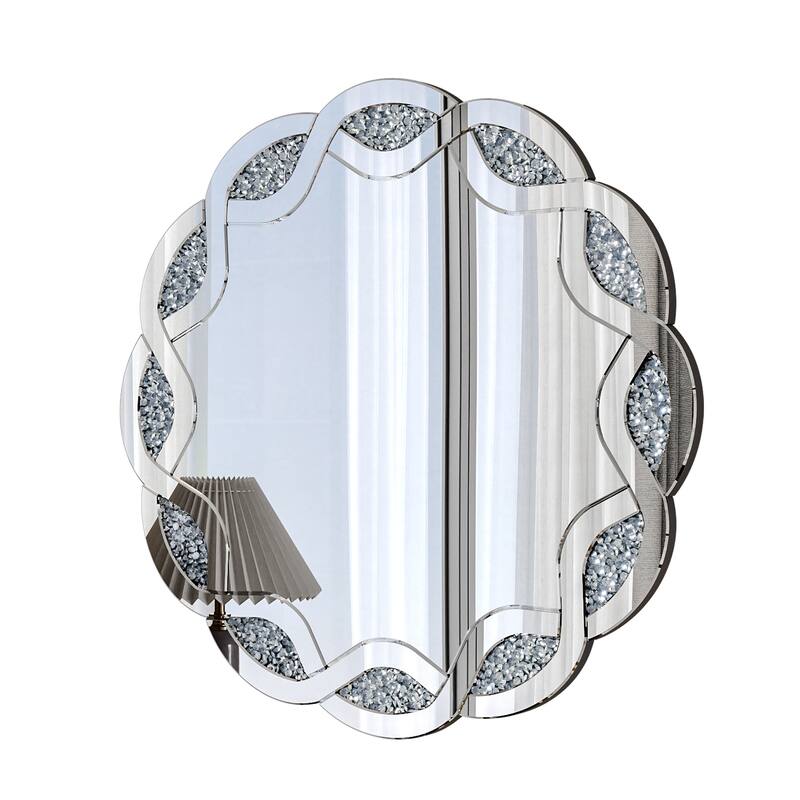Silver Crush Diamond Round Wall Mirror, 31.5 Inch Wave Frame Decorative Mirror for Living Room, Bathroom, Bedroom