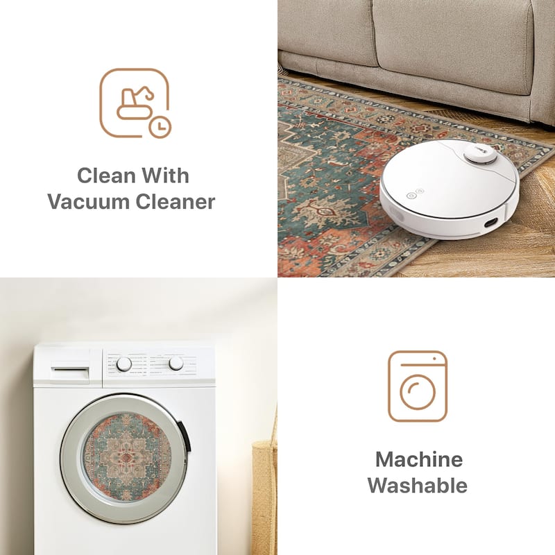 Mcow Neutral Floral Low Pile Machine Washable Non-Slip Area Rug