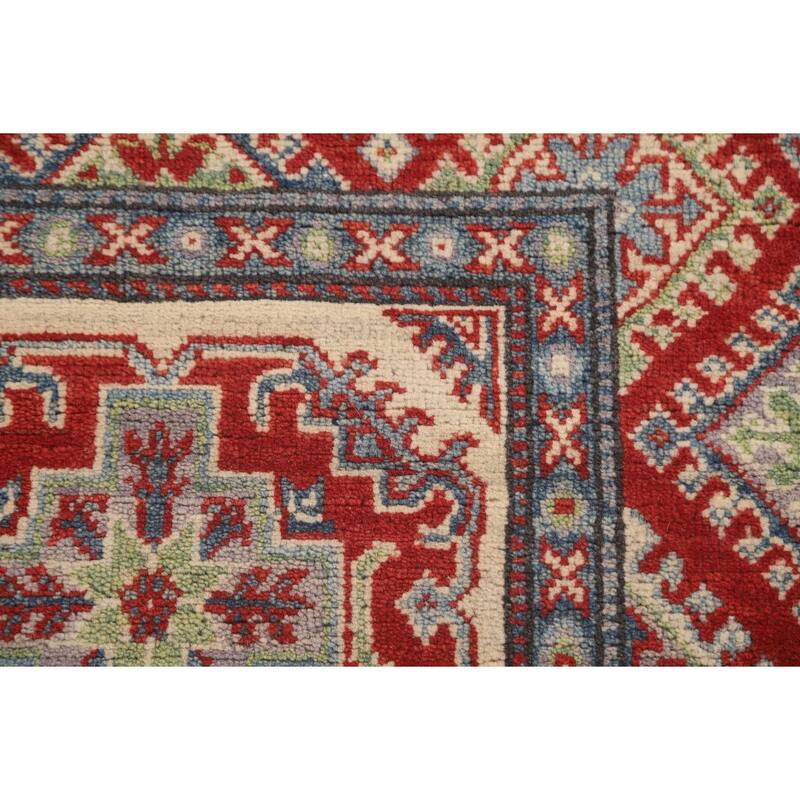 Geometric Kazak Runner Rug Handmade Beige Wool Carpet - 2'7" x 15'6"
