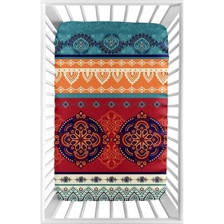Red Boho Chic Baby Girl Fitted Mini Portable Crib Sheet For Portable Crib - Orange Teal Turquoise Blue Bohemian Colorful Mandala