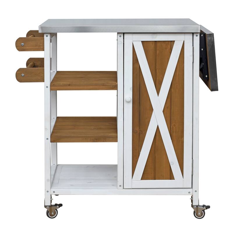 Foldable Outdoor Portable Kitchen Island Cart with Lockable Wheels, Storage Cabinet & Towel Rack