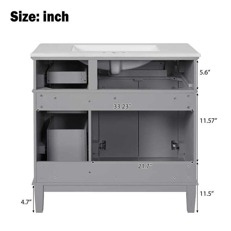 36 inch Bathroom Vanity with Ceramic Sink, Soft Close Doors, 4 Drawers
