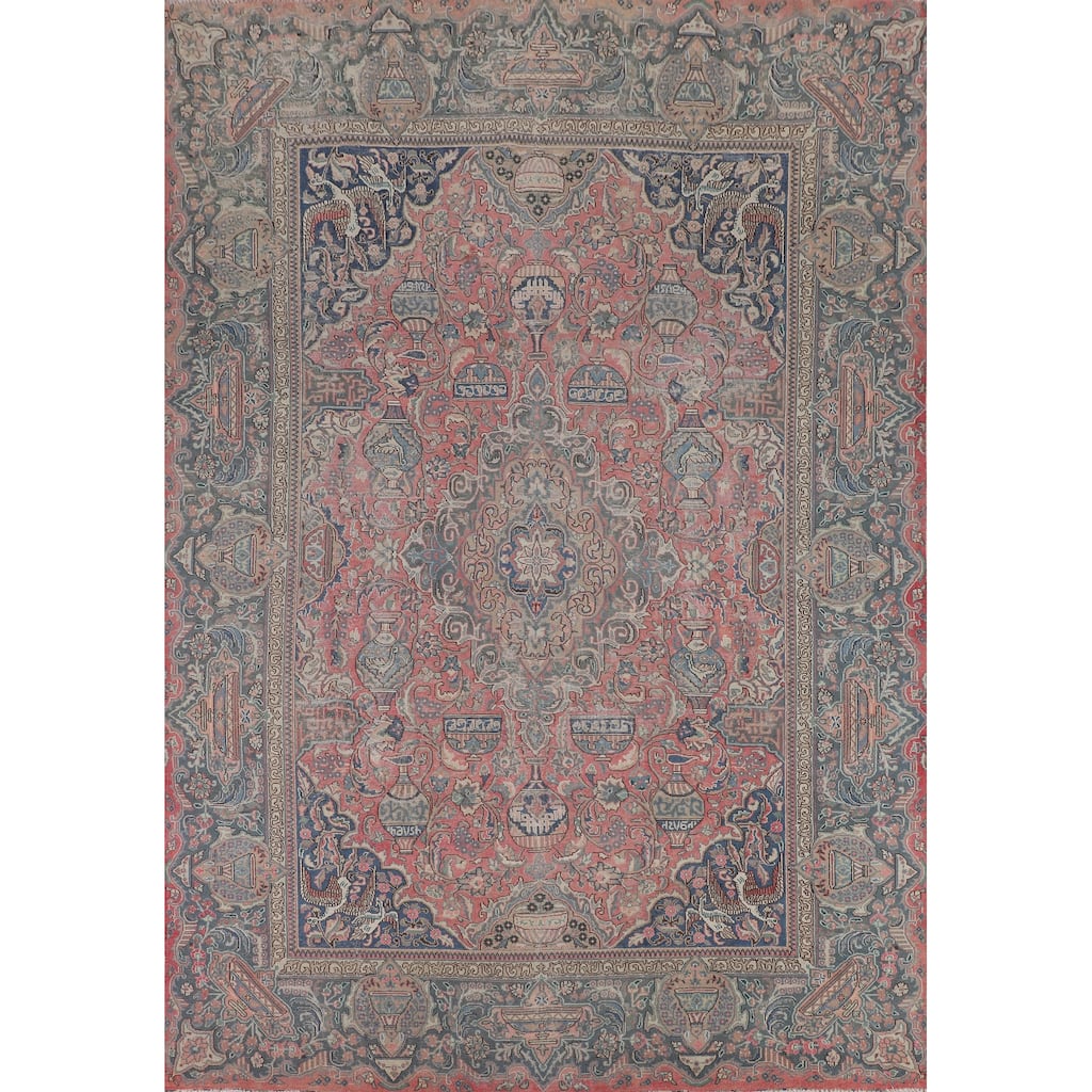 Animals Pink Kashmar Persian Vintage Area Rug Hand-Knotted Wool Carpet - 9'5"x 12'9"