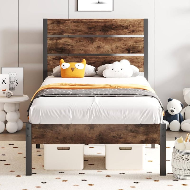 Brown Wood Headboard Platform Bed Frame with Sturdy Metal Design