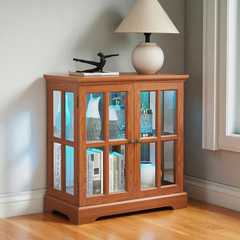LED Lighted Curio Display Cabinet with Adjustable Shelves, Retro Glass Showcase and Lattice Doors