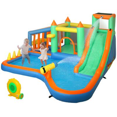 7-in-1 Inflatable Water Park with Slide, Splash Pool, Ball Pit, Trampoline, Climbing Wall & Basketball Hoop