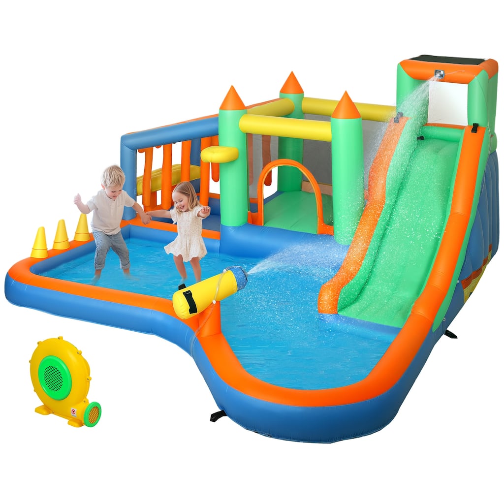 7-in-1 Inflatable Water Park with Slide, Splash Pool, Ball Pit, Trampoline, Climbing Wall & Basketball Hoop