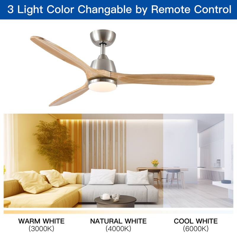 Whisper-Quiet Motor Wooden Ceiling Fan with Light and Remote, 6-Speed Reversible DC Motor, 3-Color Light Settings
