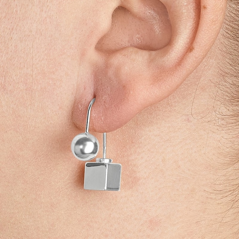 Curata 925 Sterling Silver 28x36mm Polished Cube and Ball Drop Earrings