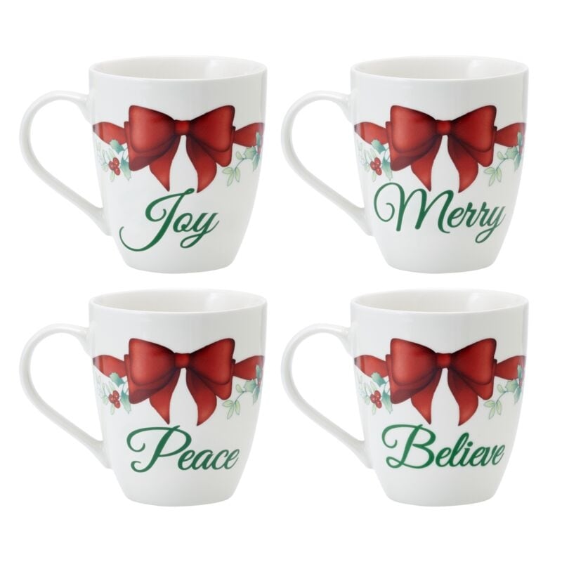 Pfaltzgraff Winterberry 20Oz Red Ribbon Sentiment Mug Set of 4