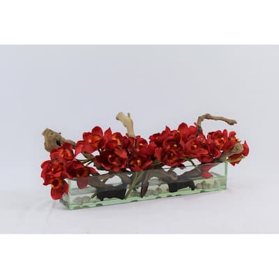 Cymbidium Orchids and Driftwood Centerpiece in Glass Planter