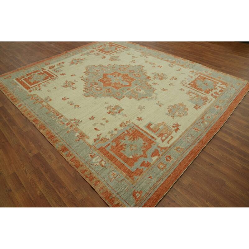 Vegetable Dye Wool Oushak Turkish Area Rug, Medallion Geometric Carpet - 9' 6'' X 8' 3''
