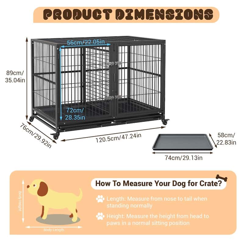 Heavy Duty Dog Crate, Escape-Proof Steel Kennel with Locking Wheels - N/A