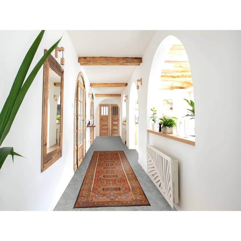 Hand Knotted Oriental 100% Wool Carpet Traditional Geometric Oranges & Rust Heriz (serapi) Runner Rug - 11' 10'' X 2' 6''