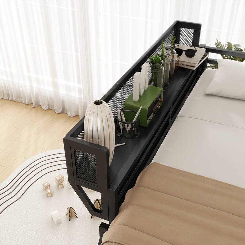 Heavy Duty Metal Loft Bed Frame with Guardrails and Storage Shelves