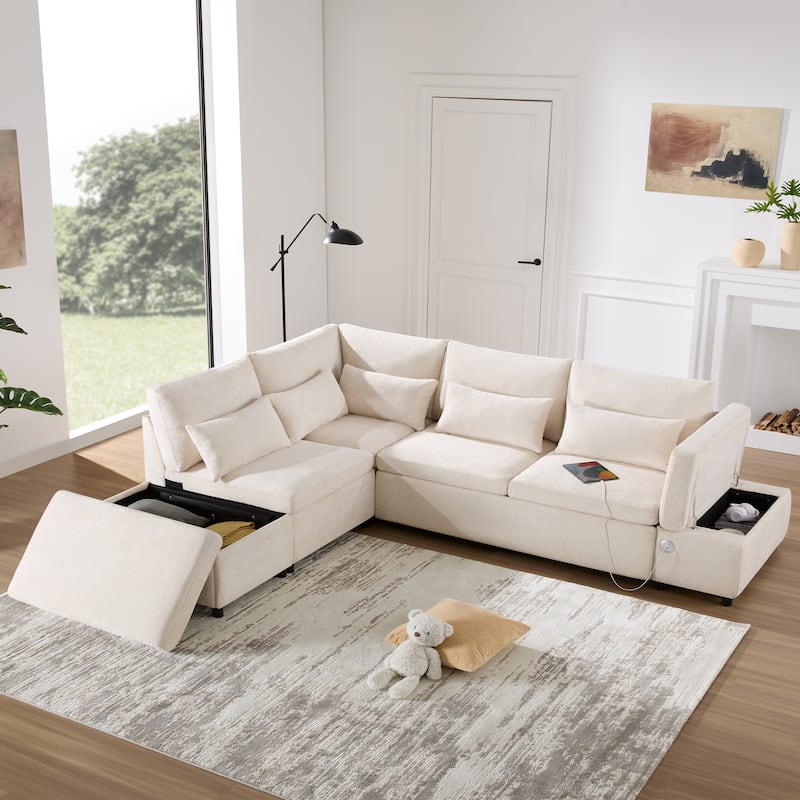 107'' 6 Seat Modular Sectional Sofa with USB Charging, L shape Oversize Pull-out Sofa Bed with Storage Ottoman