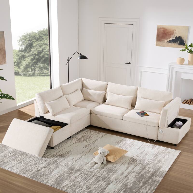 L-Shape Modular Chenille Sectional Sofa Convertible Sleeper Pull-out Sofa Bed with Dual-use Storage Ottoman and Charging Ports