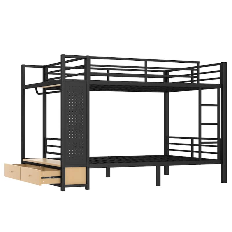 Queen Over Queen Bunk Bed with Wardrobe, Shelf, 2 Drawers and Pegboard