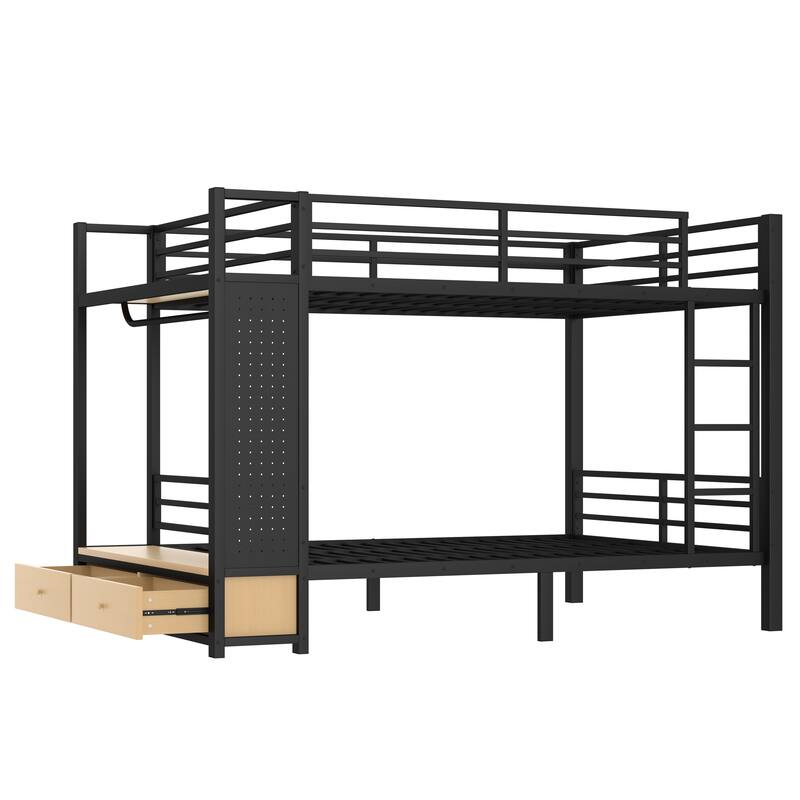Roomfitters Full/Queen Metal Bunk Bed with Storage Shelves, Drawers & Pegboard, Space-Saving Heavy-Duty Frame, Black