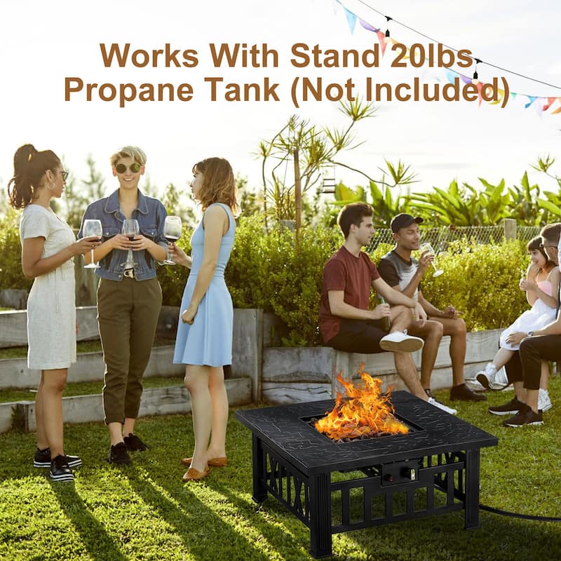 Steel Gas Propane Fire Pits with Lid and Lava Rock, 28 Inch Fire Table, 50,000 BTU Outdoor Fire Pit Table