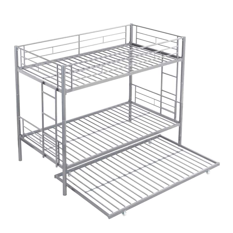 Full Bunk Bed with Trundle,Triple Bunk Beds w/Two Side Ladders&Safety Guard Rail,3 in 1 Bunk Beds for Kids Teens