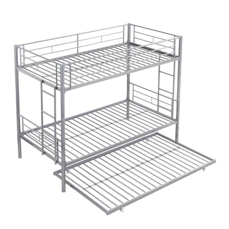 Twin Over Twin Bunk Bed with Trundle, Convertible Metal Bunkbeds with 2 Ladders and Guardrails, Space Saving, No Box Spring