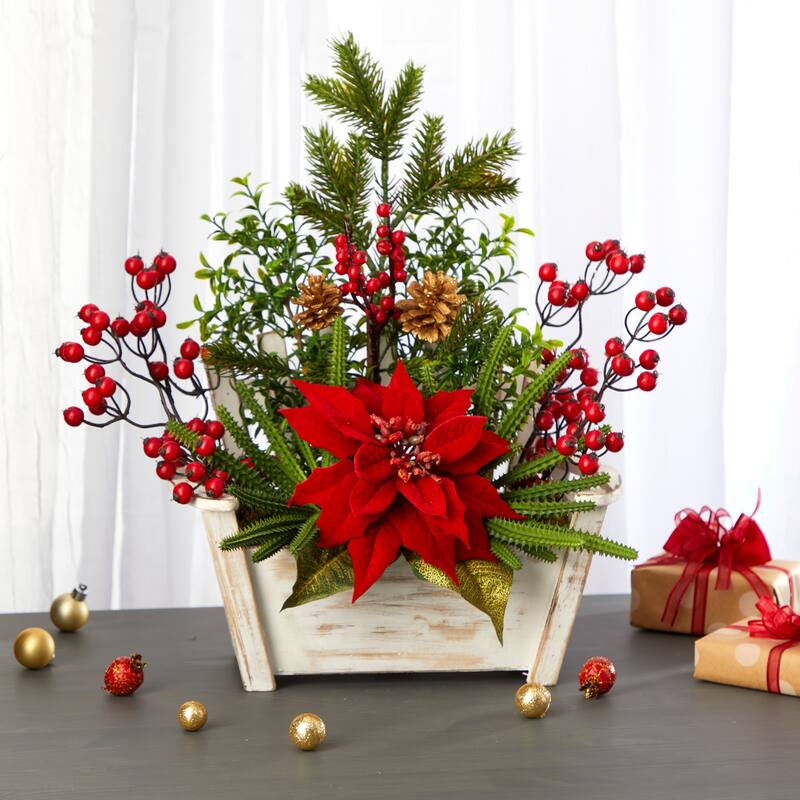 18” Poinsettia with Succulent and Berry Artificial Floral Arrangement in Wooden Bench Vase