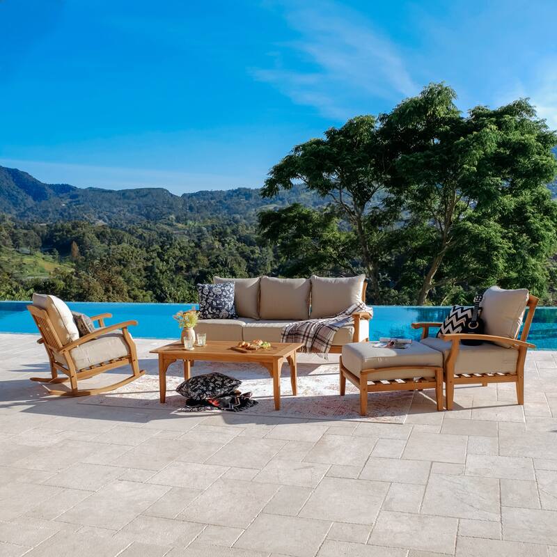 Cambridge Casual Leon 5-Piece Teak Patio Conversation Set with Cushions - Natural Teak/Beige Cushion