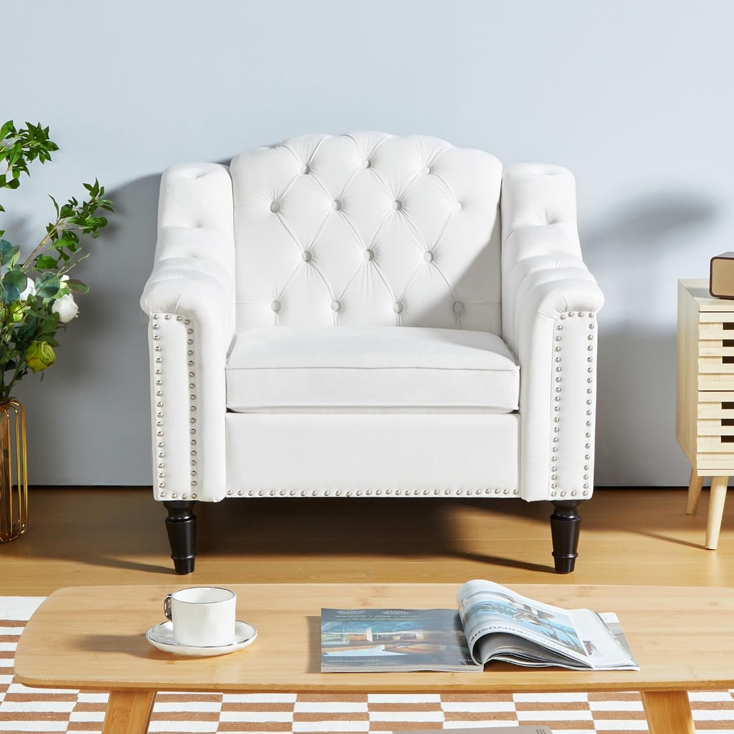 Mid-Century Velvet Upholstered Armchair with Wood Legs