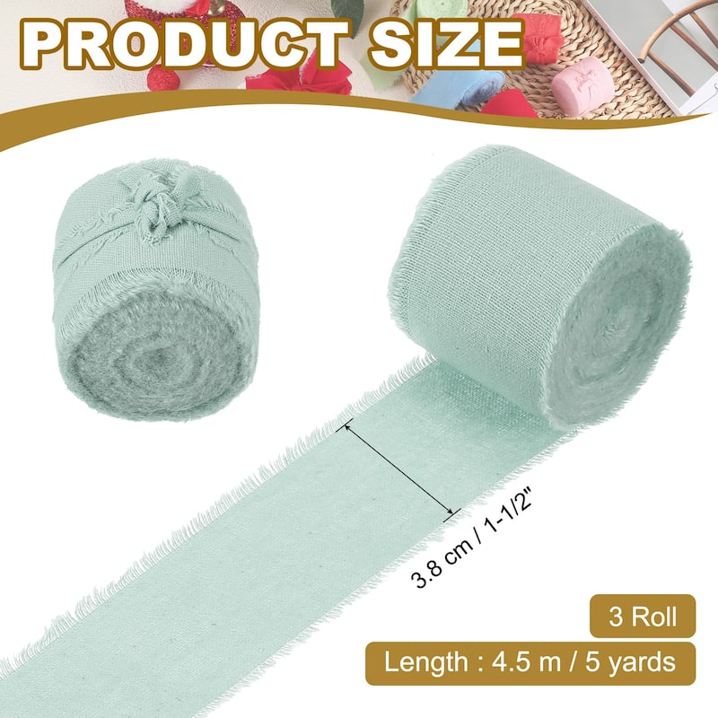 1-1/2"x15 Yd Handmade Fringe Cotton Ribbon Frayed Ribbons 3 Roll - 5Yd - Grass Green