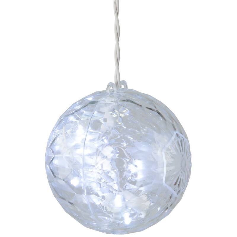 LED Crystal Sphere Hanging Christmas Decoration - 5" - White Lights - 2' White Wire