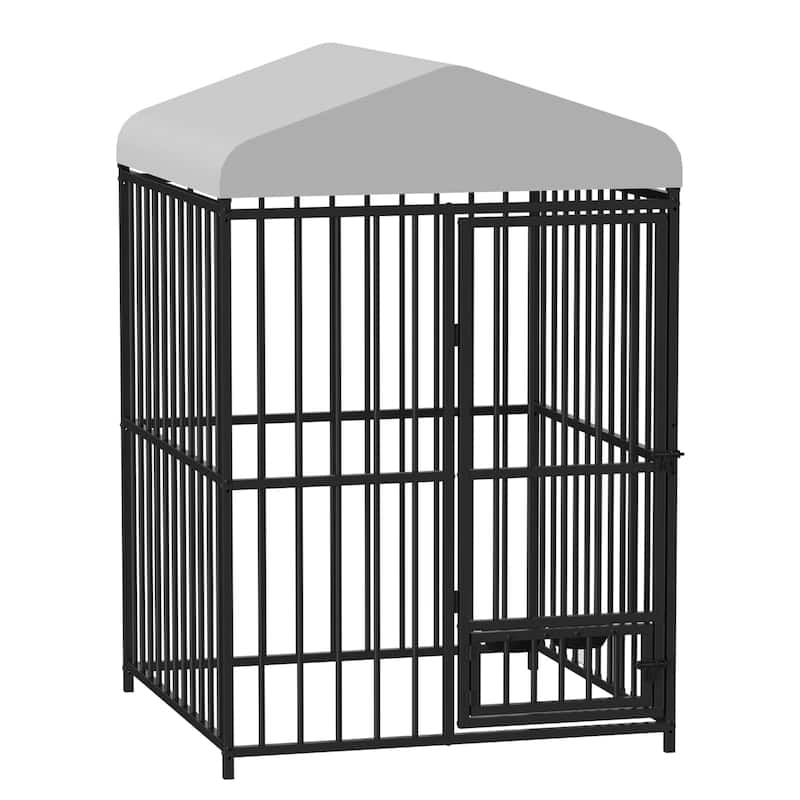 Large Outdoor Dog Kennel with Roof, Heavy Duty Metal Cage, Feeding Bowl & Lock