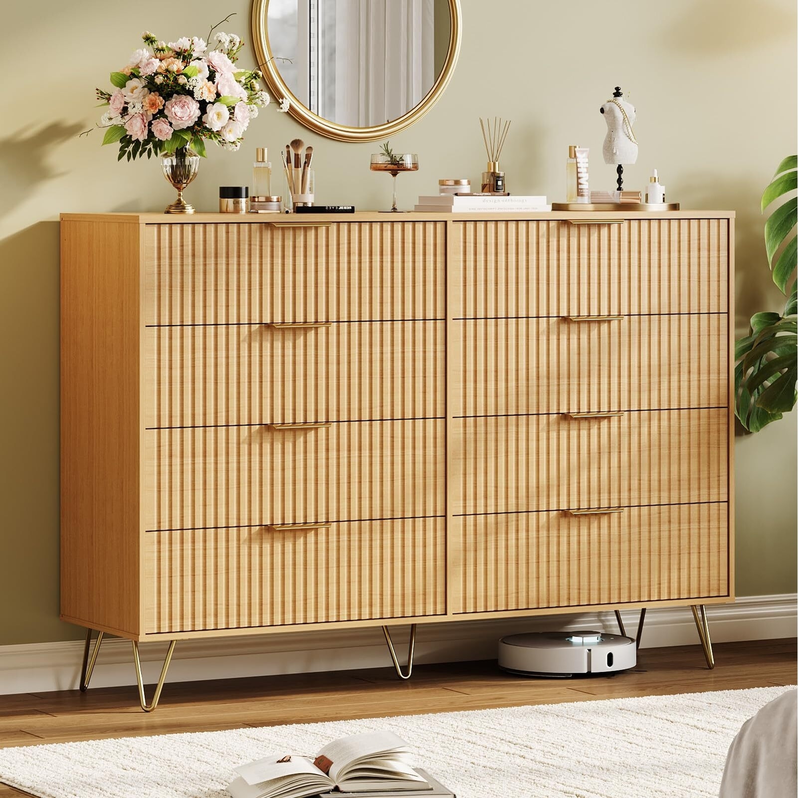 Fluted 8 Dresser Drawers for Bedroom, 55" Wood Storage Dresser & TV Stand with Metal Handles, Modern Closet Dresser