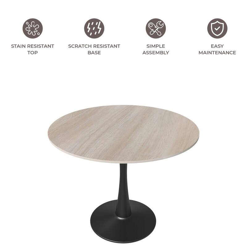 Bristol 35 Inch Mid Century Modern Round Dining Table, Wood Top & Glossy Iron Pedestal Base for Kitchen & Dining Room